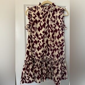 NWOT Elegant Sleeveless Ruffle Dress in Burgundy and White